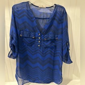 Blue and black chevron chiffon blouse with gold details